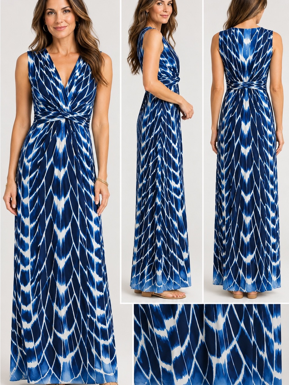 Chico's Blue and White Ikat Twist-Front Maxi Dress